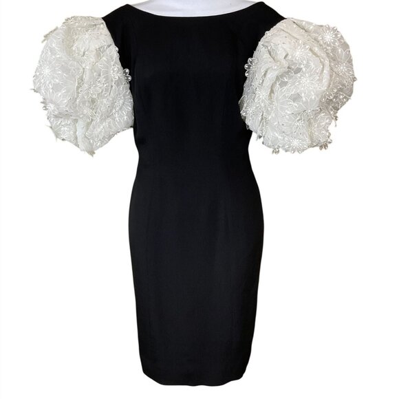 Victor Costa VTG 1980s Designer Black Cocktail Dress 3D Petal Puff Sleeves Sz 8 - Picture 1 of 9